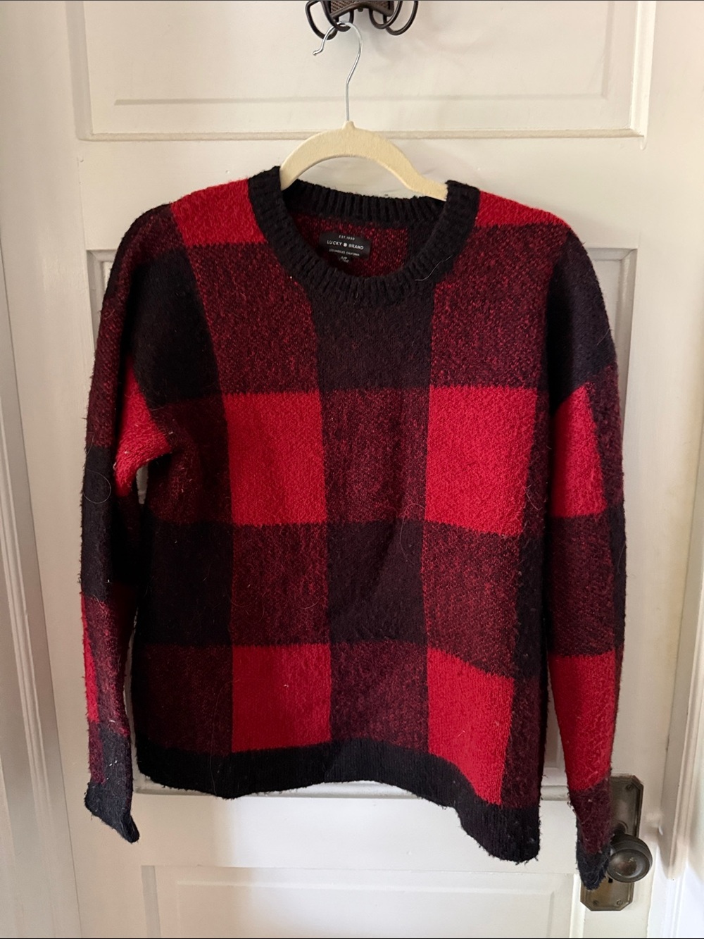 Lucky Brand Red and Black Plaid Knit Crewneck Sweater